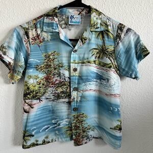 RJC Kids Blue Island Palm Tree Beach Aloha Shirt Size 6 Vintage